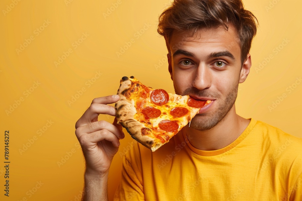 Poster casual man enjoying pizza on pastel background with ample space for text placement