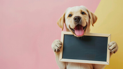 AI-generated illustration of a playful labrador puppy holding a blank blackboard