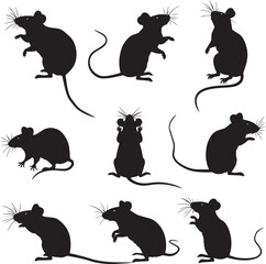 mouse with different poses silhouette vector black on white background