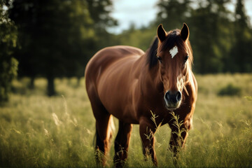 eating grass Horse field animal foal brown black equine food eat farm portrait mane hay bay mare fast nature gelding - obrazy, fototapety, plakaty