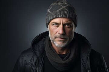 Obraz premium Portrait of a content man in his 50s donning a warm wool beanie isolated in bare monochromatic room