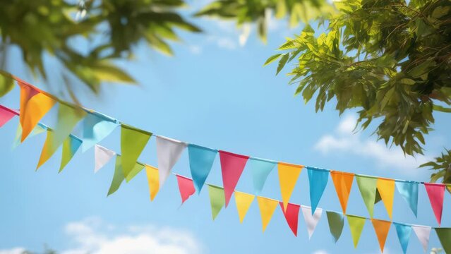 A colorful banner with flags hanging from a tree
