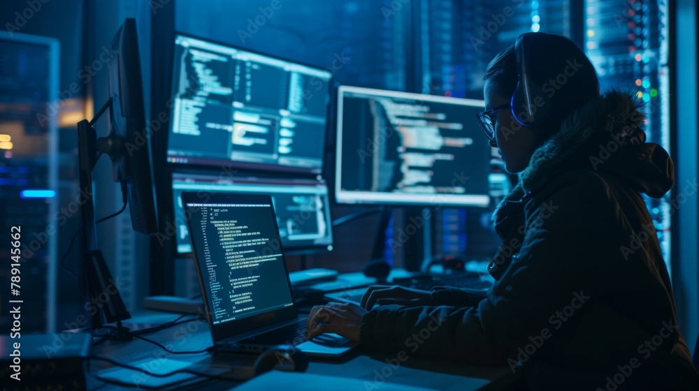 Aufkleber A female manager in the control center in the data center has a high level of expertise in the field of IT technologies and successfully manages the development and optimization of network systems.