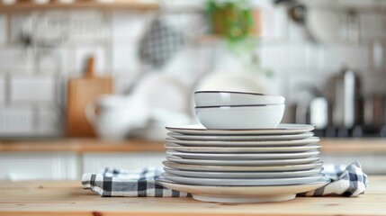 A stack of clean white dishes and bowls on a wooden kitchen table