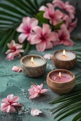 Zen Spa Atmosphere with Aromatic Candle, Stones, and Orchids on Textured Background