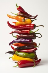 A vertical stack of colorful chili peppers balanced on top of each other.
