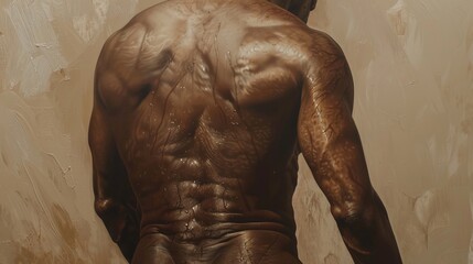 Close-up of the lower back with subtle grimacing indicating back pain, against a non-distracting beige backdrop, in a hyper-realistic style.