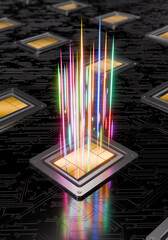 CPU Power Surge. Colorful Light Beams Emanating from Golden Chip