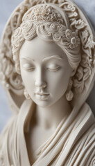 Sculptural portrait of a woman with carved patterns on soap hair