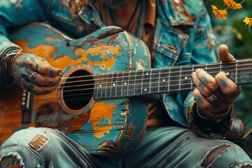 An elderly musician's paint-stained hands strumming a chipped and colorful guitar