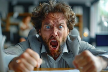 Aggressive posture of a man with wild hair, angry expression, fists clenched, sitting at a desk, indicates intense frustration