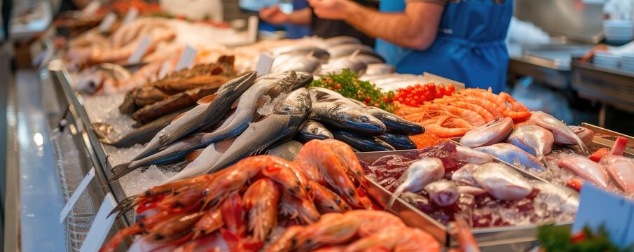 Assorted seafood displayed at a local fish market.