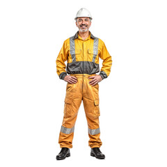 Middle aged worker, full length smiling man in work clothes, isolated on transparent background. PNG.