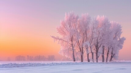 Snow Covered Trees in Winter Dawn - Christmas Climate in Colourful Countryside