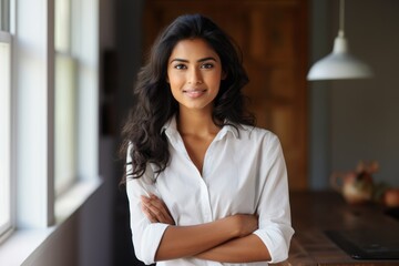 Portrait of a cheerful indian woman in her 20s wearing a classic white shirt in stylized simple home office background