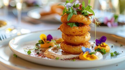 Gourmet Fried Onion Rings with Edible Flowers Garnish