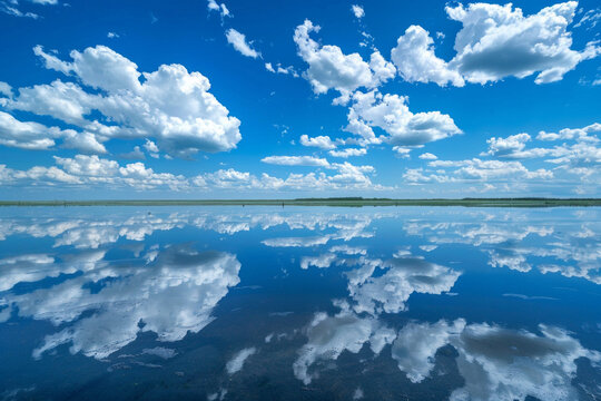 Blue sky with clouds and reflection for background
