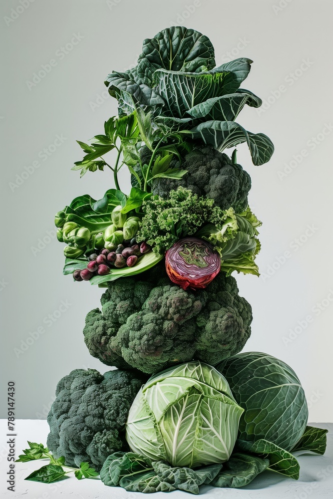 Wall mural A towering arrangement of various green leafy vegetables on a light background