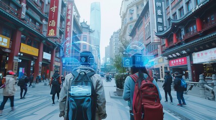 Obraz premium Digital Urban Exploration: Two friends navigating with augmented reality through bustling streets of Shanghai, discovering historical facts and directions displayed virtually.