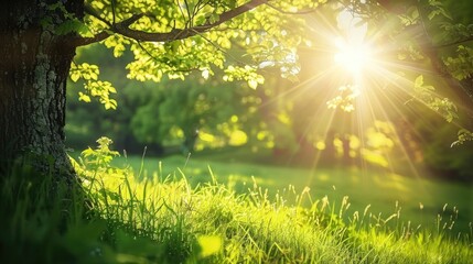 Outside Scene. Bright and Beautiful Countryside Landscape with Green Trees and Sunny Meadows - obrazy, fototapety, plakaty