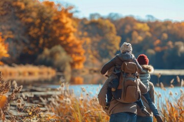 Fall Outdoors. Family Hiking Trail in Autumn with Children Carried on Piggyback