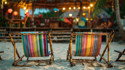 Double bamboo beach chairs with multicolored fabric, ideal for couples, near a beach bar, festive...