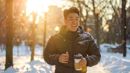 Early morning jog in a snowy city park, East Asian male in his 30s warming up with UCC Black coffee, styled in cold, crisp morning light.