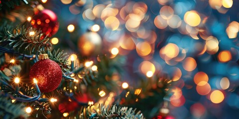 Obraz na płótnie Canvas Holiday Christmas Card. Christmas Tree Light with Greeting Card Background