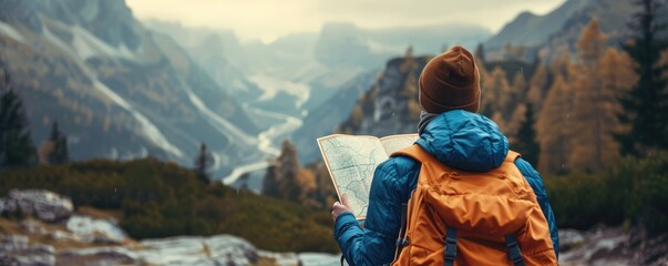 A back view of the hiker with backpack looking for the maps in the mountains. Finding the path to climb, view from behind.