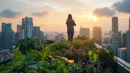 Eco-Friendly Urban Garden: Singapore skyline viewed from a rooftop garden with advanced agri-tech systems, showing a young professional checking environmental sensors at sunset.