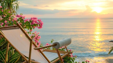 Elegant bamboo beach chair with white fabric, surrounded by pink flowering plants, serene ocean...