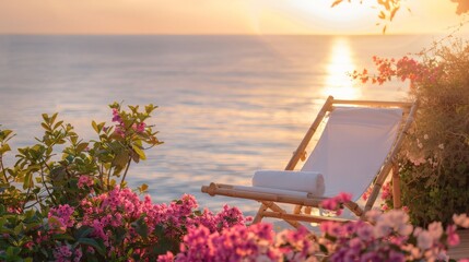 Elegant bamboo beach chair with white fabric, surrounded by pink flowering plants, serene ocean view in the background, golden sunset lighting, high-definition photography texture. - obrazy, fototapety, plakaty