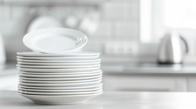 A stack of clean white dishes on a kitchen counter with a blurred background.