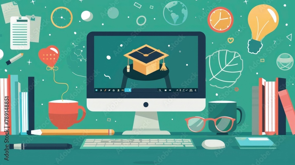 Poster engaging e learning interface with diverse online course offerings on computer display