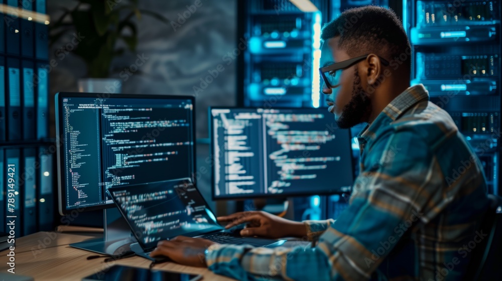 Poster A male IT specialist in a data center at a laptop analyzes network data and develops strategies to ensure network security and protect against potential threats.