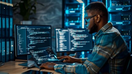 A male IT specialist in a data center at a laptop analyzes network data and develops strategies to ensure network security and protect against potential threats. - obrazy, fototapety, plakaty