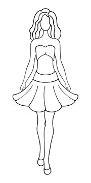 Girl in summer clothes. Sketch. Vector illustration. Beautiful lady wearing a short strapless top and a full flared skirt. A woman with wavy hair and long legs. Doodle style. 