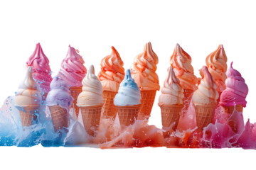 Ice cream in a waffle cone with a splash of milk isolated on a transparent background