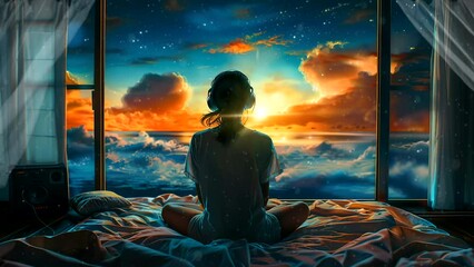 woman listening to music with headphones in bedroom at night. Anime art style. Loop animation. lofi music background