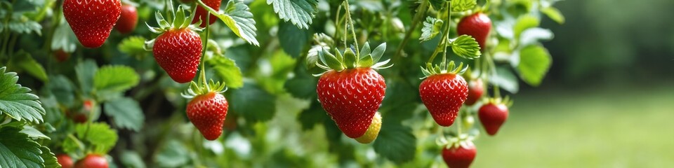 The cultivation and production of strawberries, a successful harvest. Beautiful strawberries growing on a bush. Harvest on a strawberry bed.