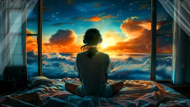 woman listening to music with headphones in bedroom at night. Anime art style. Loop animation. lofi music background