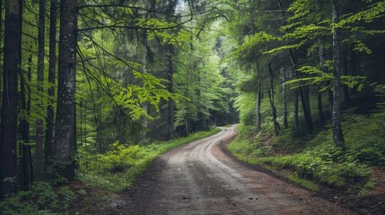 old country road through primeval carpathian forests. summer scenery with trees in green foliage - obrazy, fototapety, plakaty
