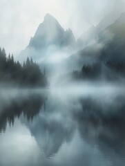 Mountain whisper, serene lake, wide lens, dawns first light,  - obrazy, fototapety, plakaty