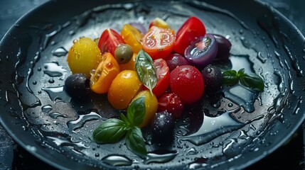   A tight shot of a colorful plate filled with tomatoes, olives, sliced bell peppers, and assorted vegetables