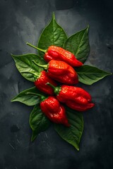 Fresh red chili peppers on green leaves against a dark textured background.