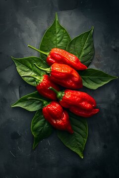 Fresh red chili peppers on green leaves against a dark textured background.
