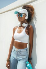 Fashion-forward woman in a sporty chic outfit leaning against a wall with headphones and sunglasses.
