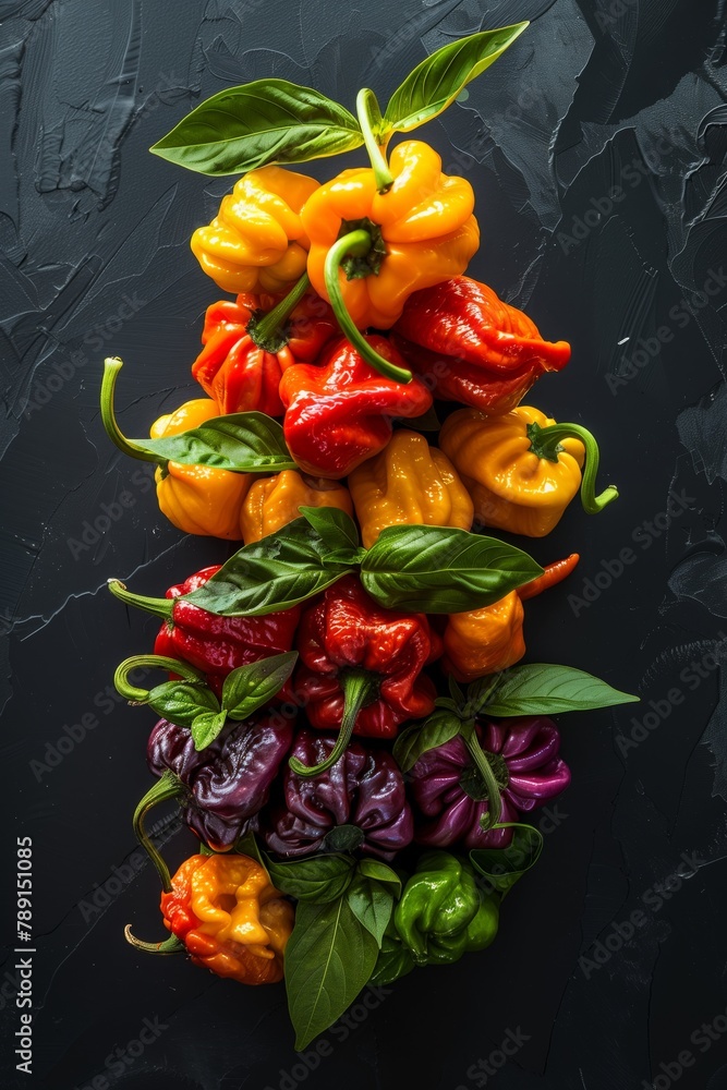 Sticker A colorful arrangement of various fresh habanero peppers and basil leaves.