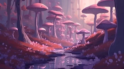 Deurstickers Cute clearing with big mushrooms. Mushrooms. Generative AI. © Anna