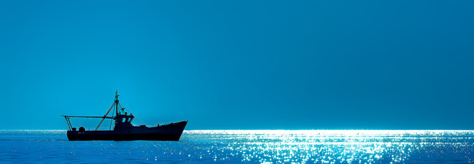 Trawler or Fishing boat out at sea. Wide view.